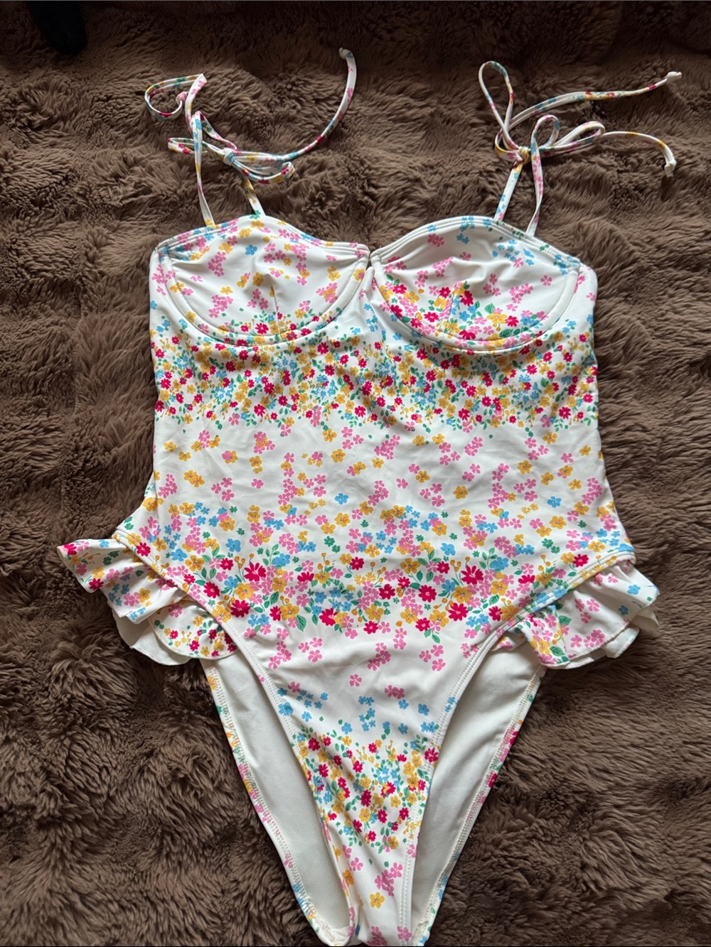 White Floral One-Piece Swimsuit with Ruffle Accents